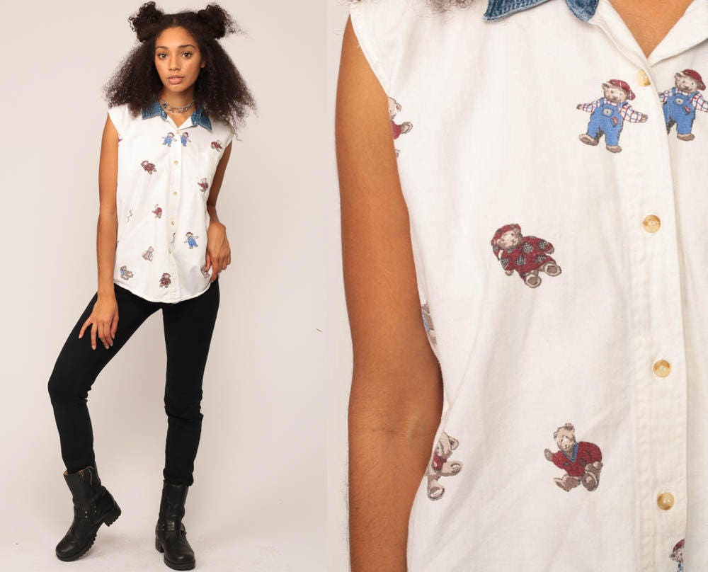 90s Teddy Bear Print Denim Collar Button-Up Blouse White Sleeveless Large