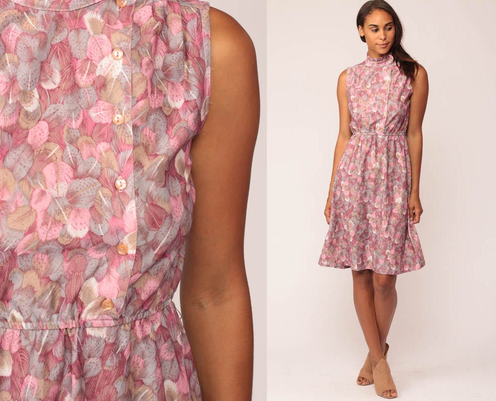 70s Pink Feather Print Sleeveless Dress High Waisted Asymmetrical Button Up Small