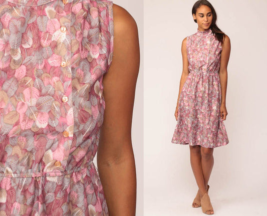 70s Pink Feather Print Sleeveless Dress High Waisted Asymmetrical Button Up Small