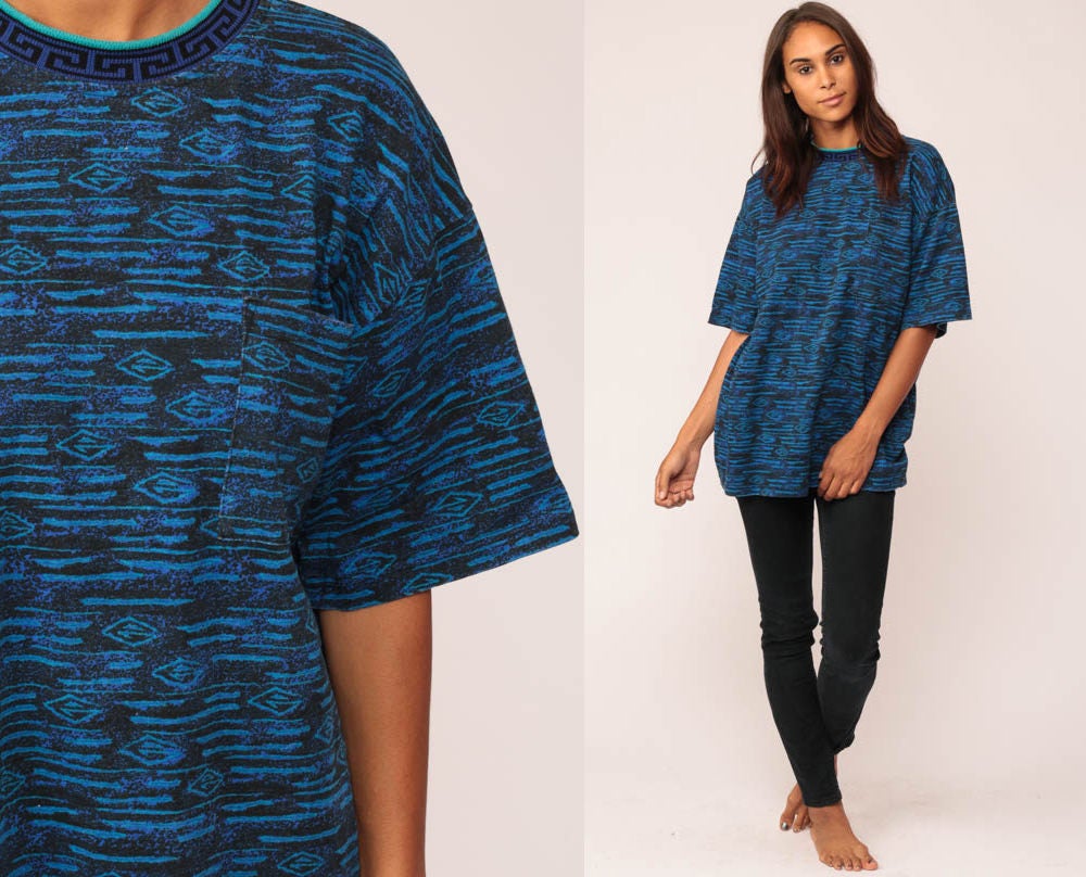 80s Tribal Print T-Shirt Unisex Southwest Graphic Tee Blue One Size