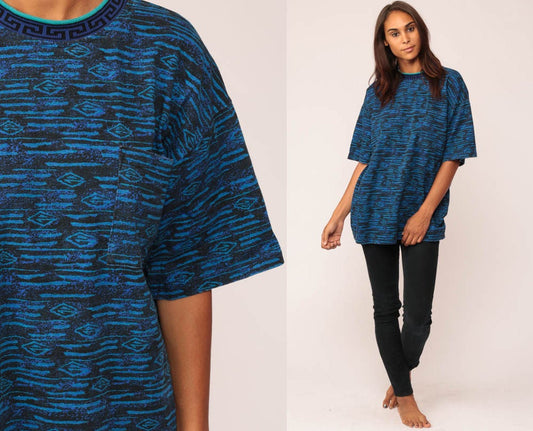 80s Tribal Print T-Shirt Unisex Southwest Graphic Tee Blue One Size