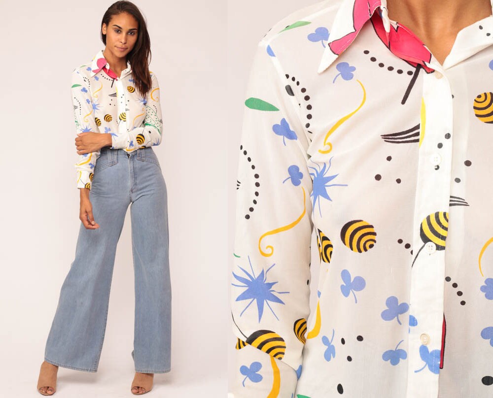 70s Geometric Shapes Button-Up Blouse Clover Star Leaf Print Small Medium