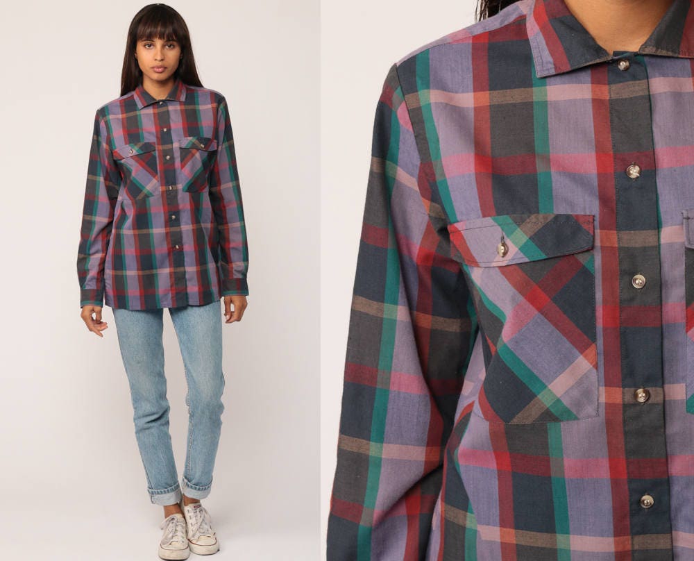 70s Lee Plaid Button-Up Shirt Purple Grey Red Green Medium