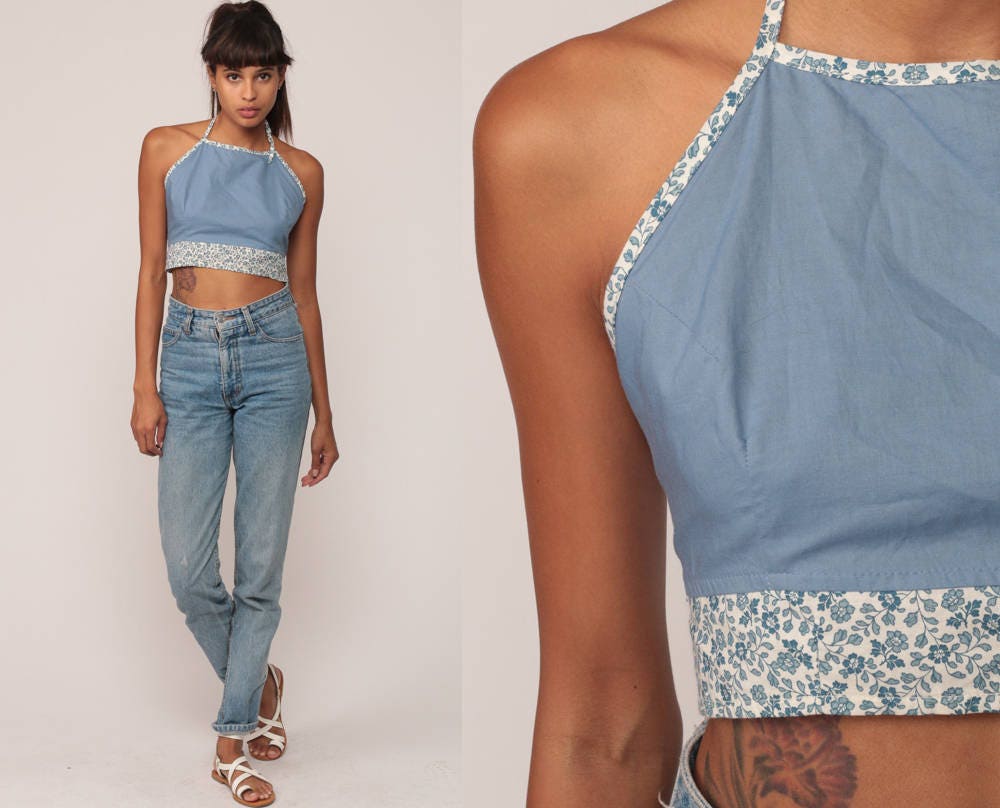 90s Blue Floral Halter Crop Top Backless Tie-Back Blouse Extra Small