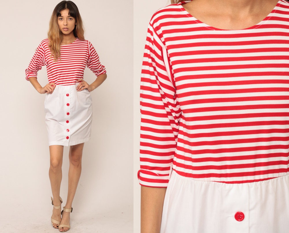 70s Striped Mini Dress Red White High Waist Button Up Skirt Small Medium