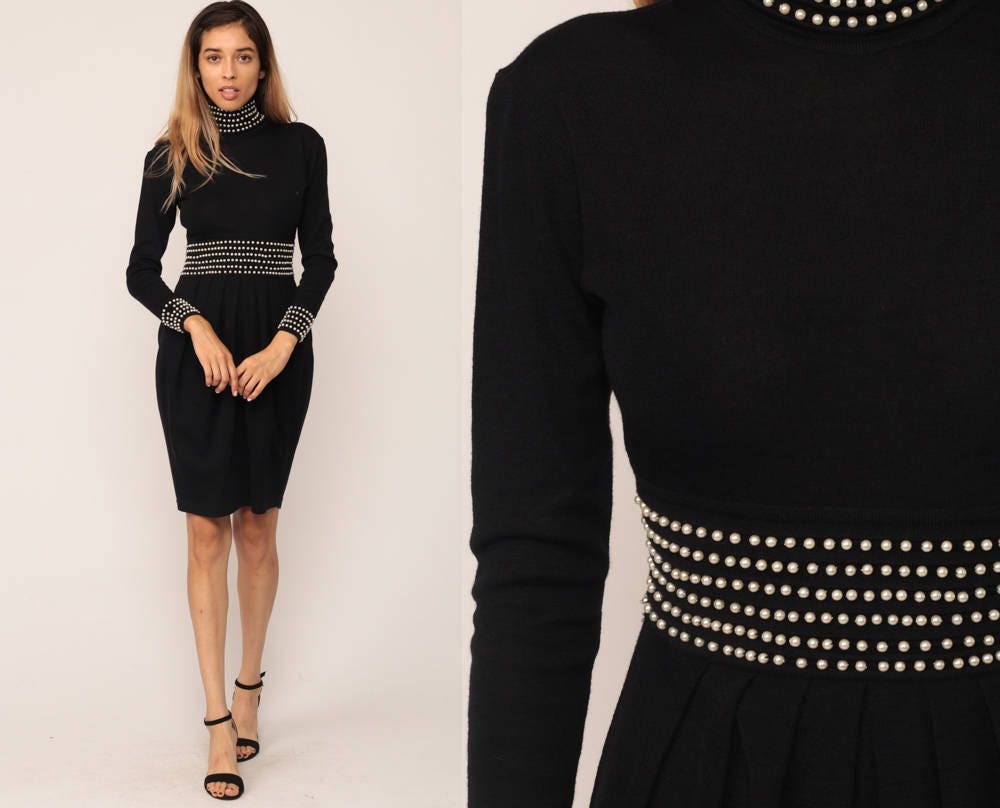 80s Black Wool Pearl Beaded Mini Dress High Waist Long Sleeve Extra Small XS