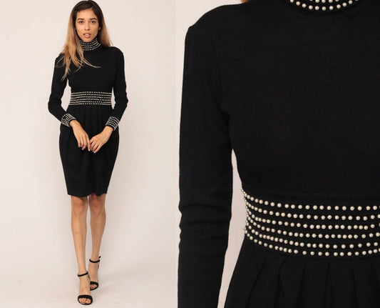 80s Black Wool Pearl Beaded Mini Dress High Waist Long Sleeve Extra Small XS