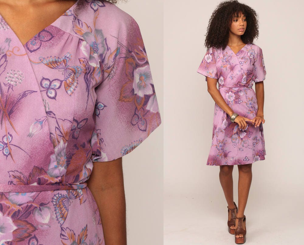 70s Purple Floral Butterfly Midi Dress High Waist Wrap Belted Medium