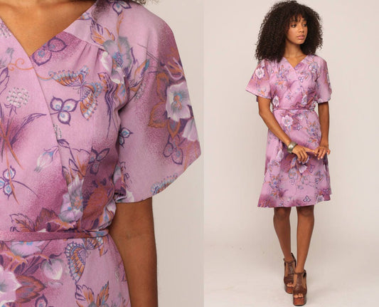 70s Purple Floral Butterfly Midi Dress High Waist Wrap Belted Medium