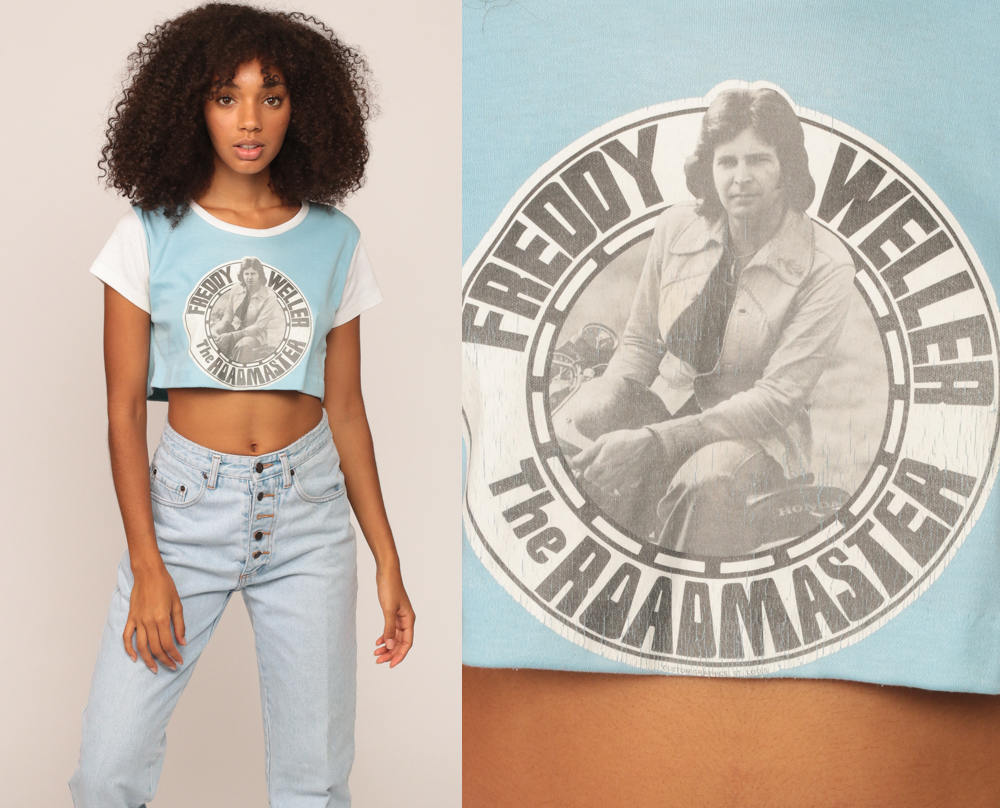 70s Freddy Weller The Roadmaster Concert Crop Top Baby Blue Medium