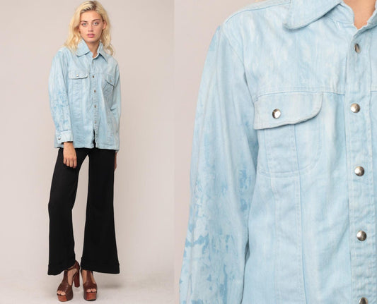 70s Blue Denim Button-Up Shirt Long Sleeve Snap Front Large