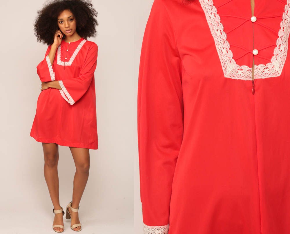 70s Red Nylon Nightgown Lace Trim Mini Slip Dress Large