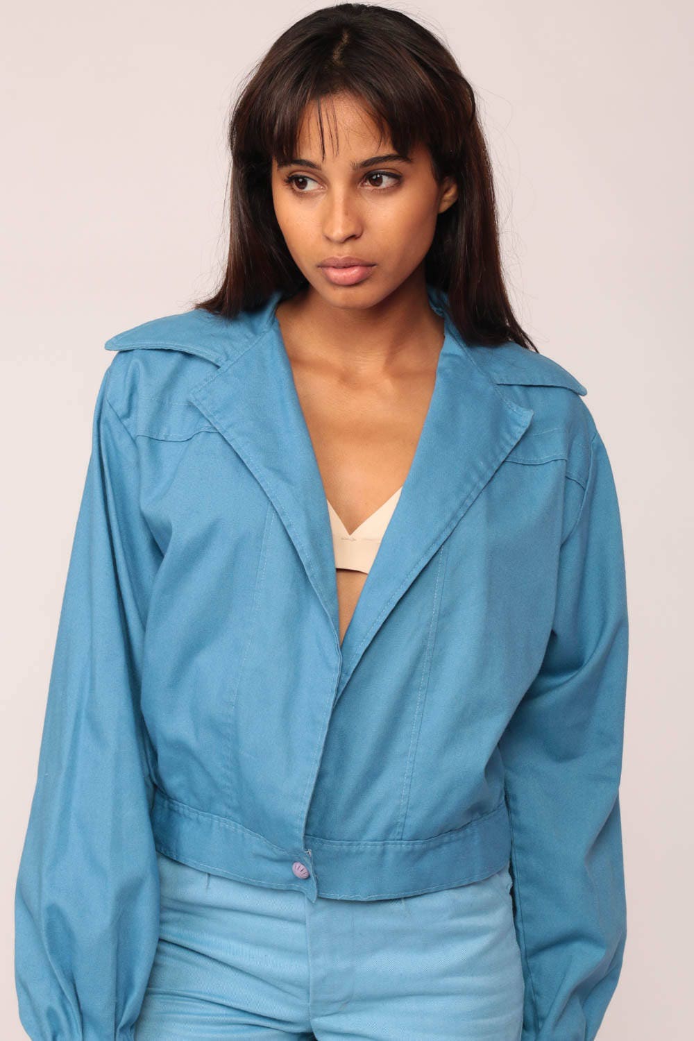 70s Blue Jacket Open Front Pointed Collar Single Button Medium