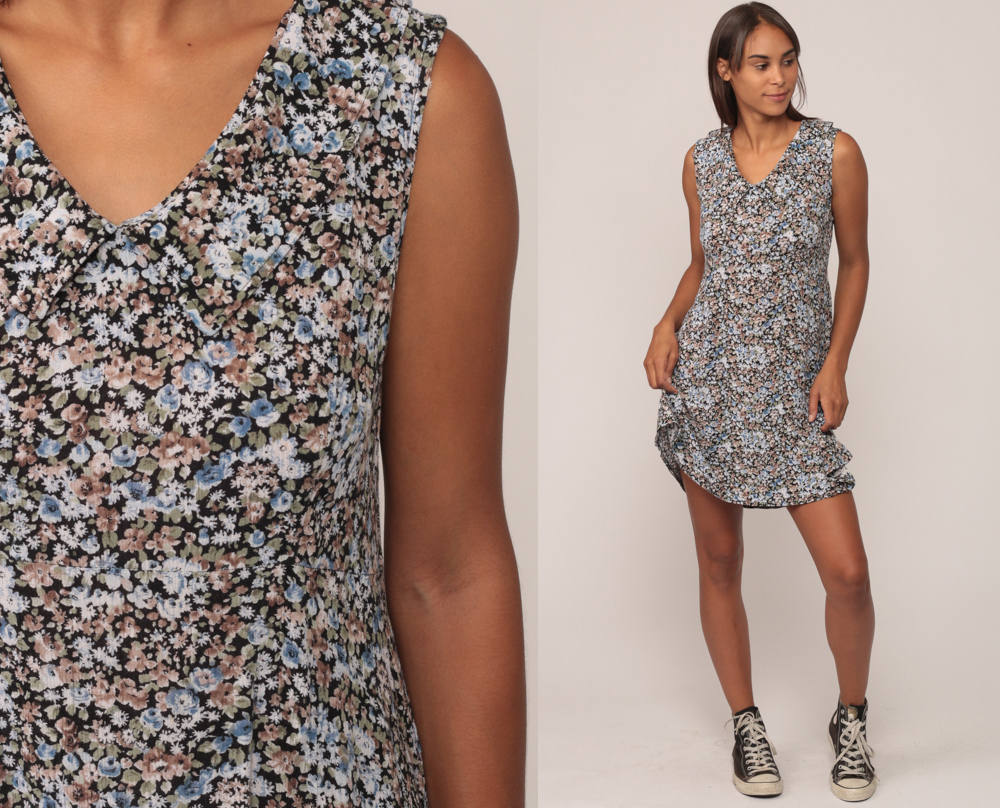 90s Floral Mini Shift Dress Sleeveless Collar Blue Medium Large