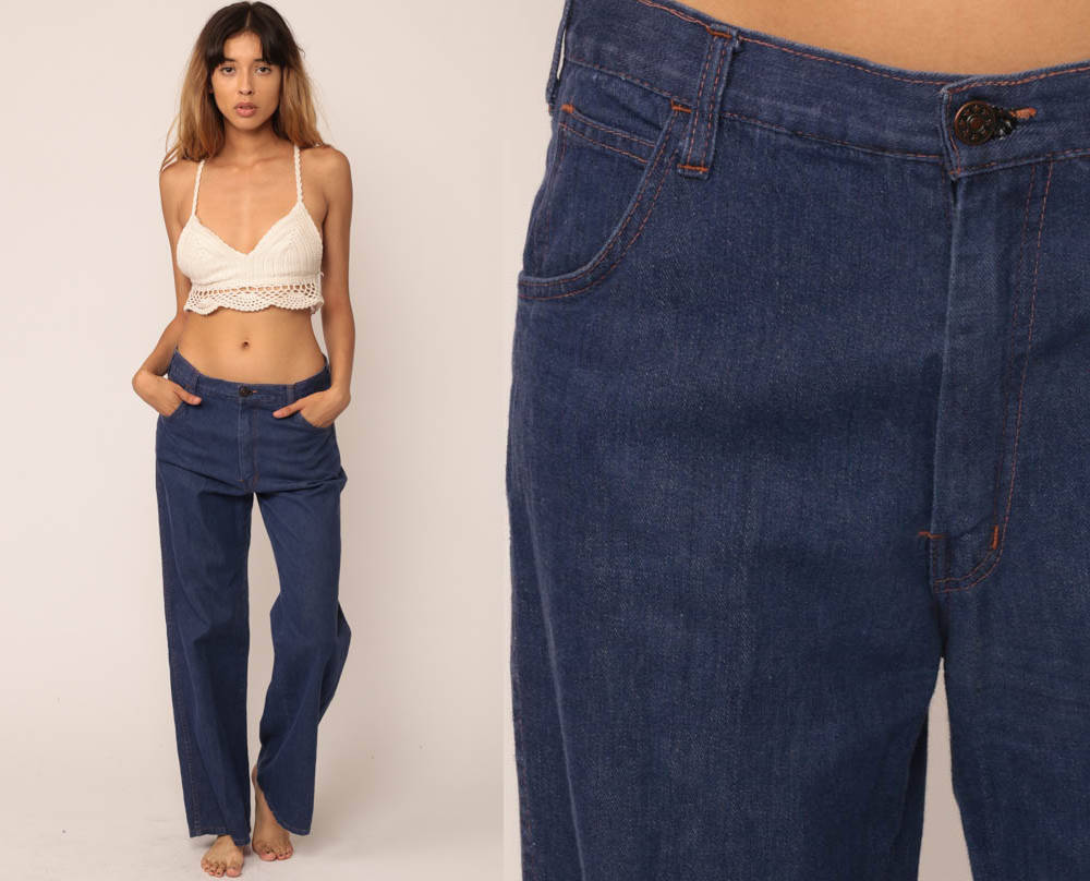 70s Blue Denim Bell Bottom Jeans High Waisted Flared Large