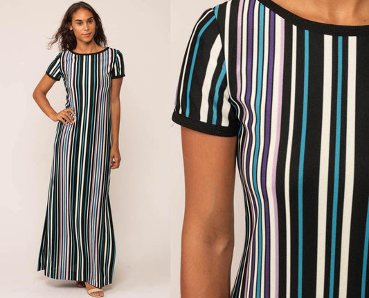 70s Striped Maxi Dress Black Blue Vertical Stripe Short Sleeve Slit Small