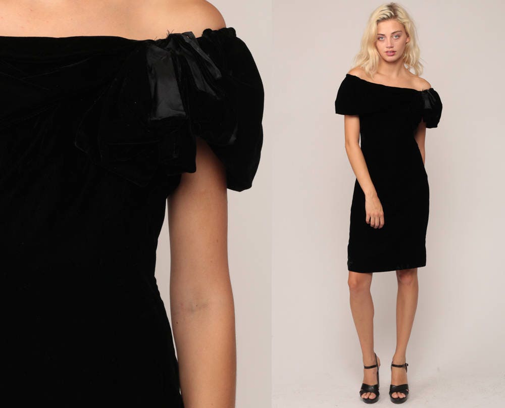 80s Black Velvet Off-Shoulder Mini Dress Sheath Pencil Cocktail Medium
