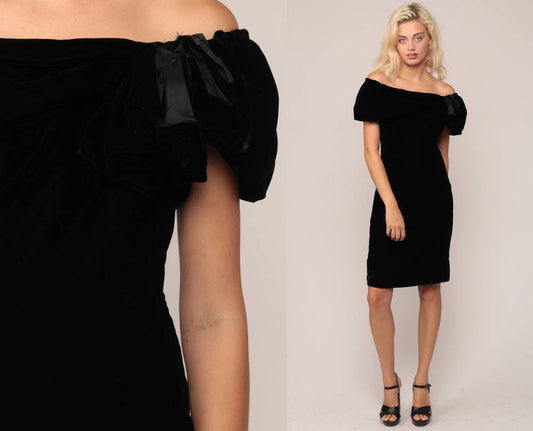 80s Black Velvet Off-Shoulder Mini Dress Sheath Pencil Cocktail Medium