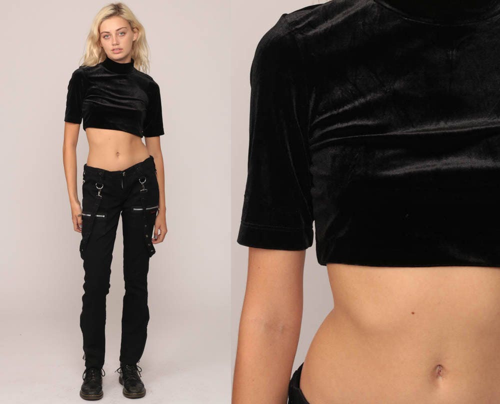90s BCBG Black Velvet Crop Top High Neck Short Sleeve Small