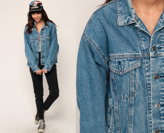 80s Blue Stone Wash Denim Jacket Plaid Lined Trucker Large