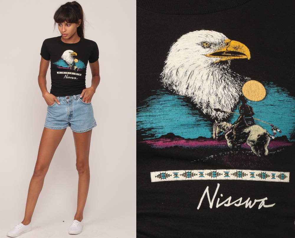 80s Nisswa Minnesota Eagle Native American Graphic T-Shirt Black Extra Small