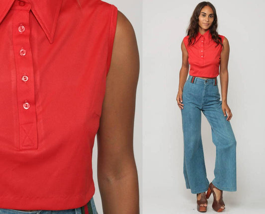 70s Red Sleeveless Tank Top Crop Polo Button-Up Large
