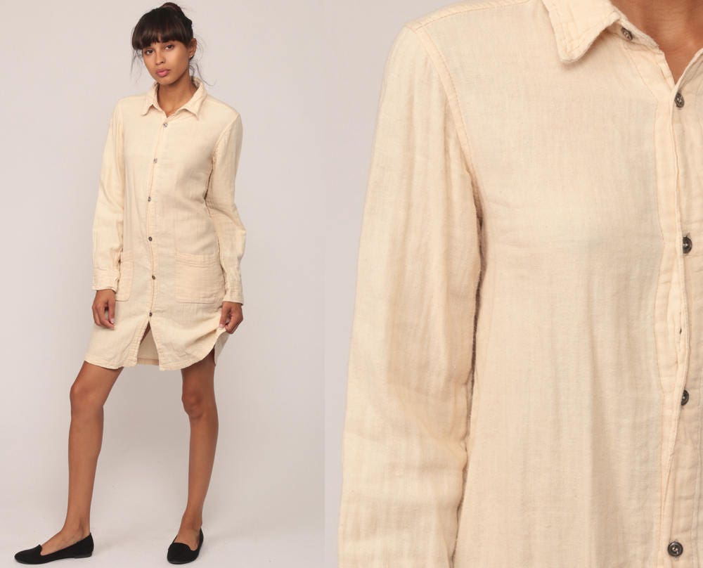 90s Cream Cotton Button-Up Mini Shirtdress Long Sleeve Extra Small XS