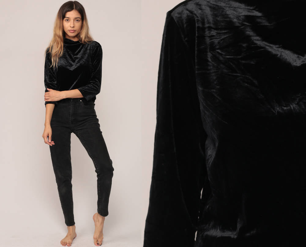 90s Black Velvet High Neck Long Sleeve Top Large