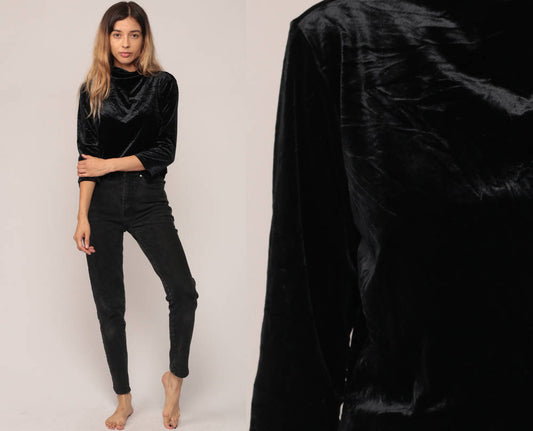 90s Black Velvet High Neck Long Sleeve Top Large