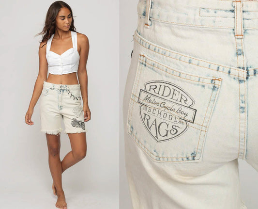 90s Rider Rags Acid Wash Denim Shorts High Waisted Motorcycle Print Small