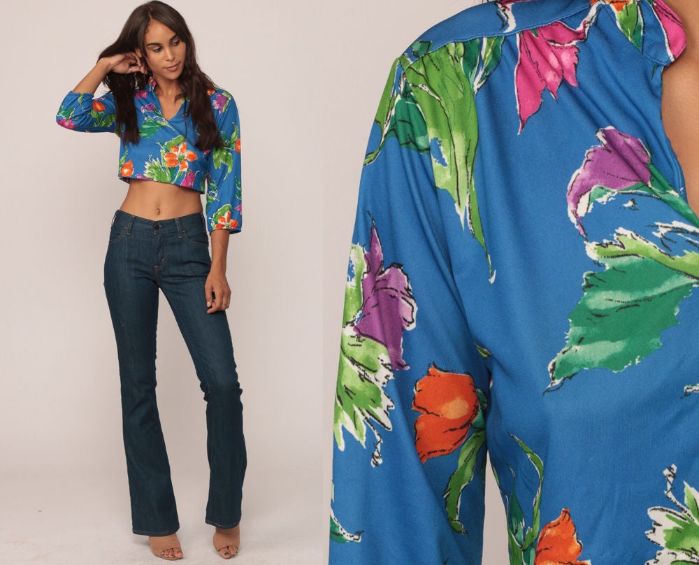 70s Blue Floral Crop Blouse Long Sleeve Button Up Small Medium