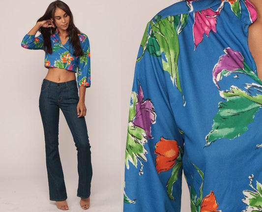 70s Blue Floral Crop Blouse Long Sleeve Button Up Small Medium