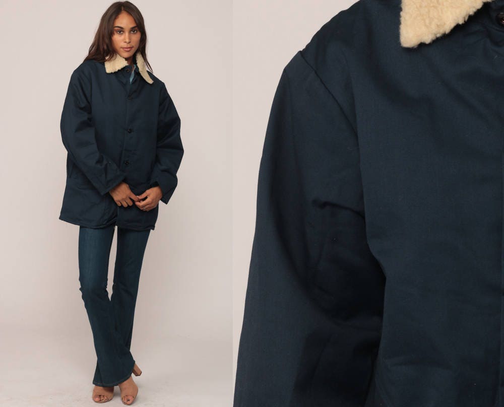 70s Dark Blue Sherpa Collar Jacket Faux Fur Lining Winter Coat Medium