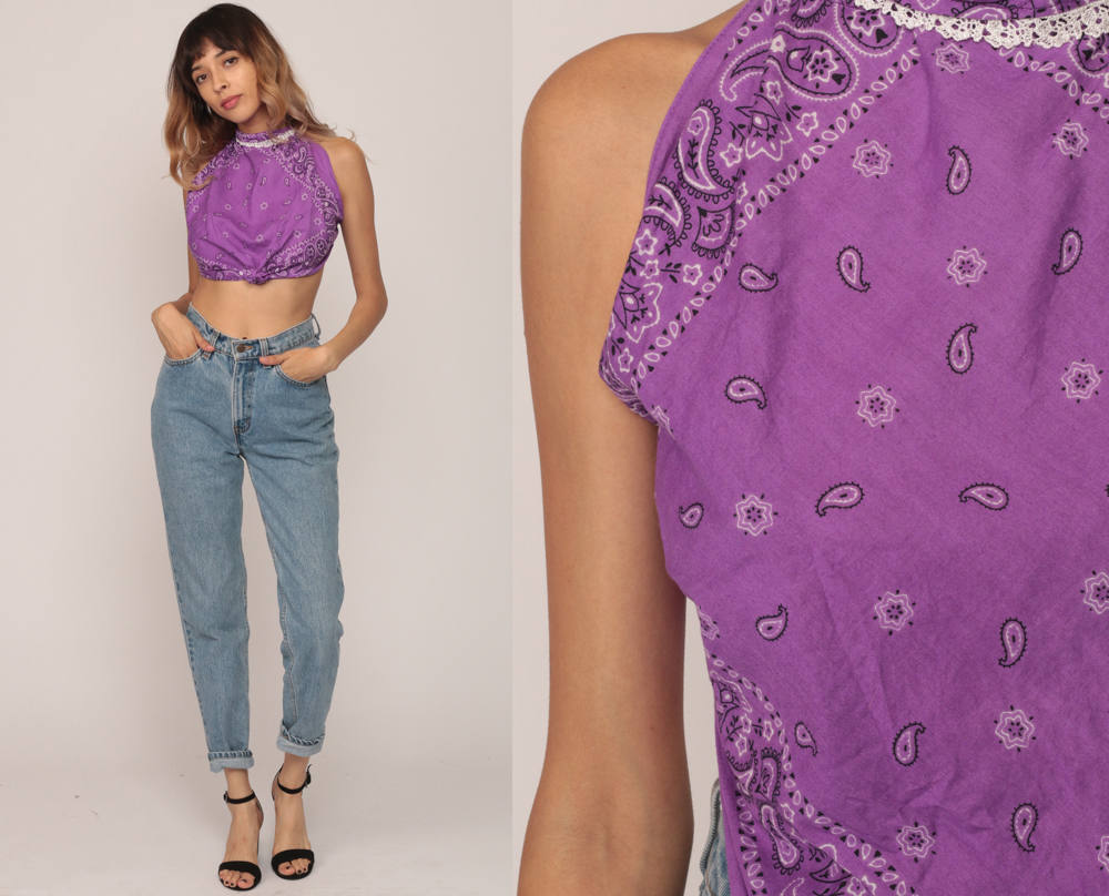 90s Bandana Print Tank Top Scarf Hem Backless Purple Medium Large
