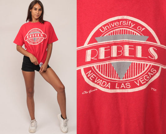 80s University of Nevada Las Vegas Rebels Graphic T-Shirt Red Large