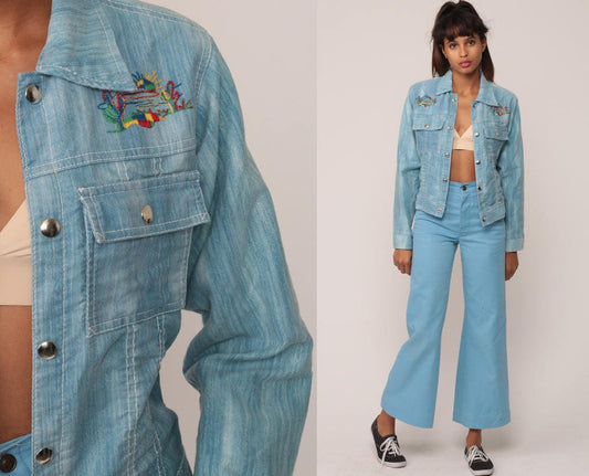 70s Embroidered Cactus Denim Jacket Blue Jean Jacket Extra Small