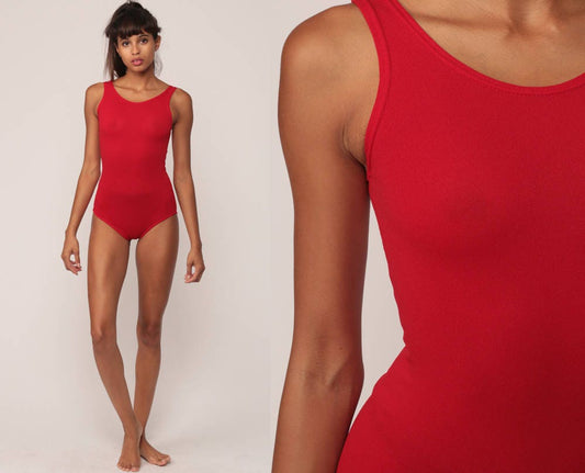 70s Sheer Red Bodysuit Tank Top Sleeveless Leotard Extra Small XS