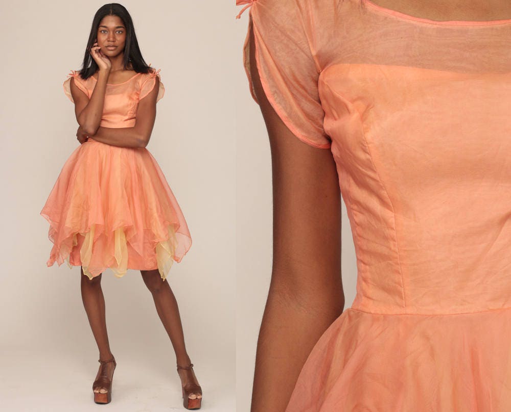 1950s Peach Chiffon Party Dress Illusion Neckline Mini Extra Small