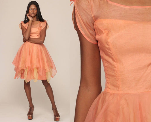 1950s Peach Chiffon Party Dress Illusion Neckline Mini Extra Small