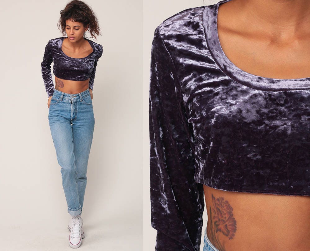 90s Purple Crushed Velvet Crop Top Long Sleeve Blouse Extra Small