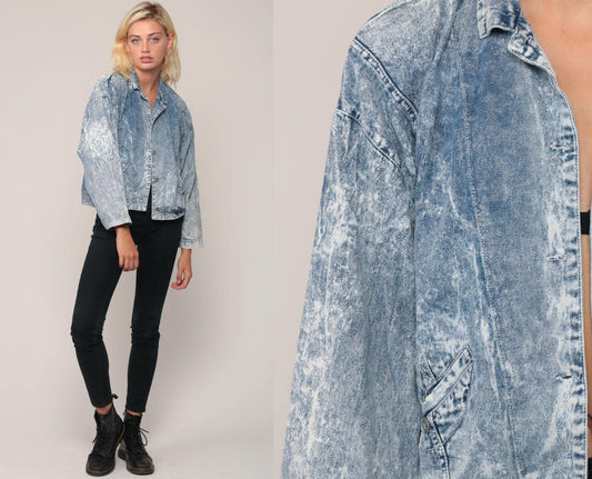 80s Acid Wash Denim Jacket Blue Jean Trucker Button Up Small