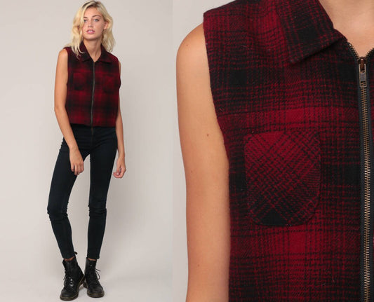 90s Black Red Plaid Wool Vest Zip-Up Sleeveless Medium