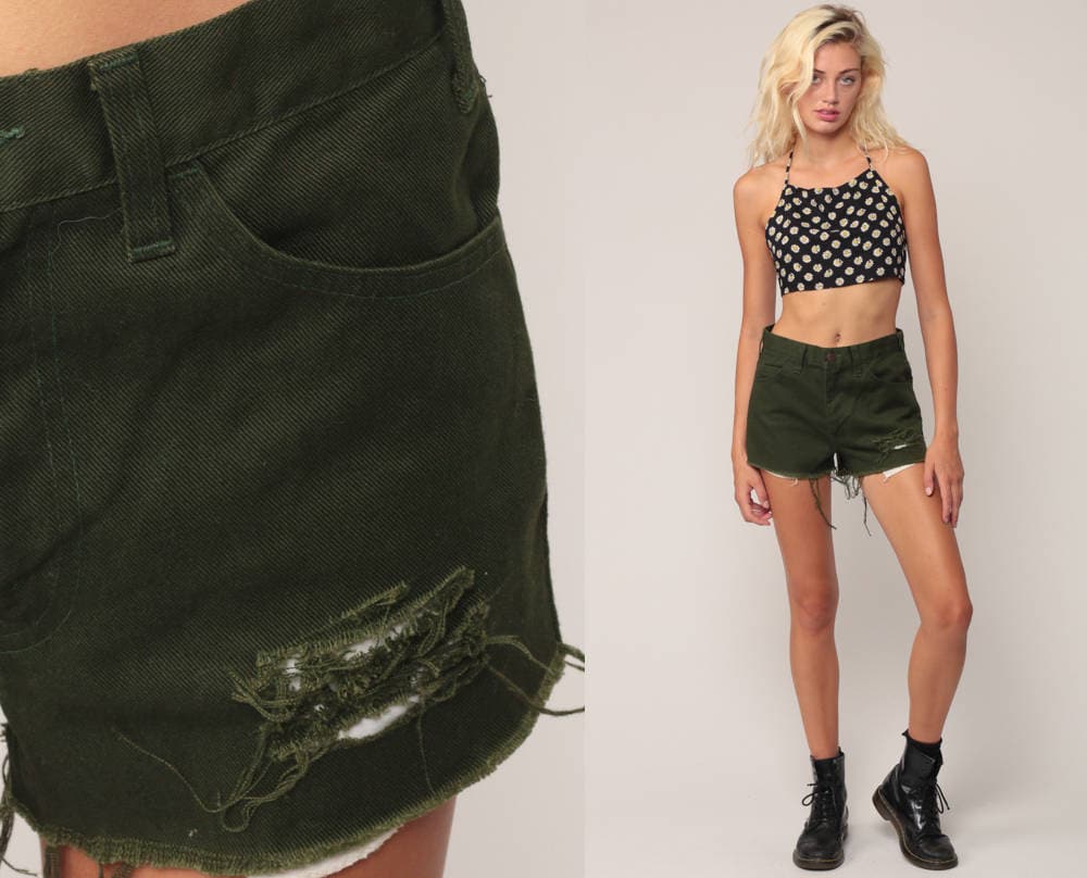 80s Levi's Sta Prest Cutoff Shorts Olive Green High Waisted Medium