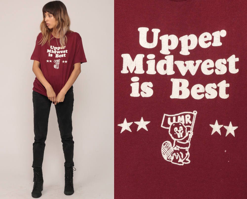 90s Upper Midwest Is Best Beaver Graphic T-Shirt Burgundy Large
