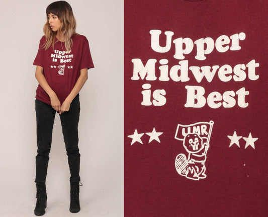 90s Upper Midwest Is Best Beaver Graphic T-Shirt Burgundy Large