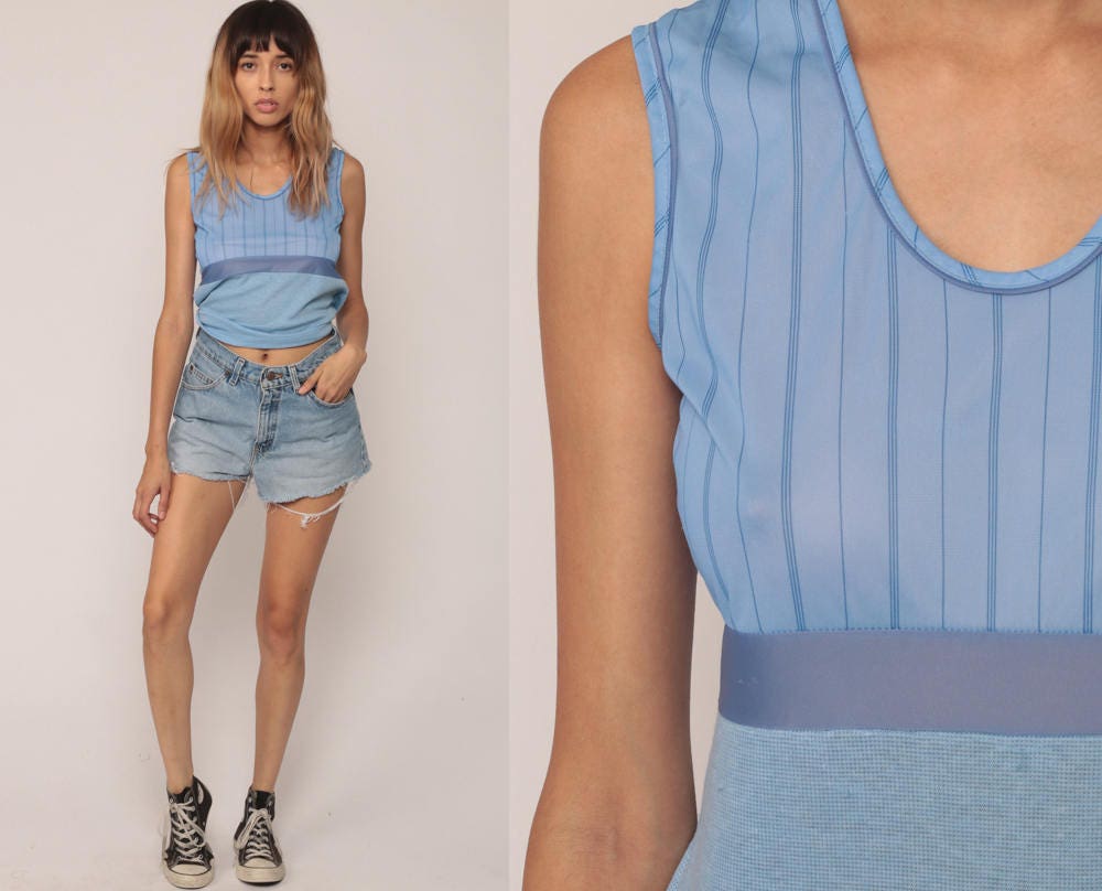 80s Blue Striped Tank Top Nylon Sleeveless Shirt Small