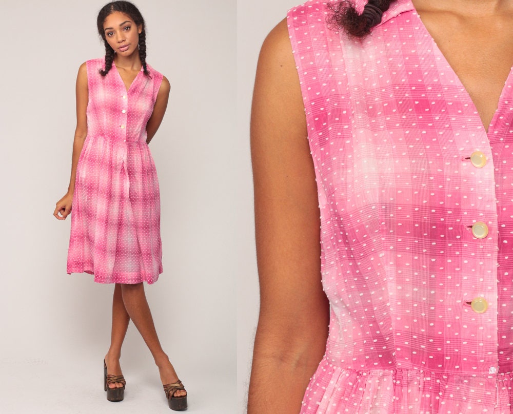 1960s Pink Checkered Cotton Day Dress Sleeveless Button-Up Knee Length Large