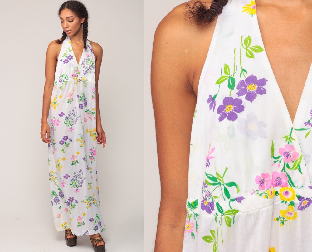 70s White Floral Halter Maxi Dress Deep V Backless Sundress Large