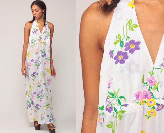 70s White Floral Halter Maxi Dress Deep V Backless Sundress Large