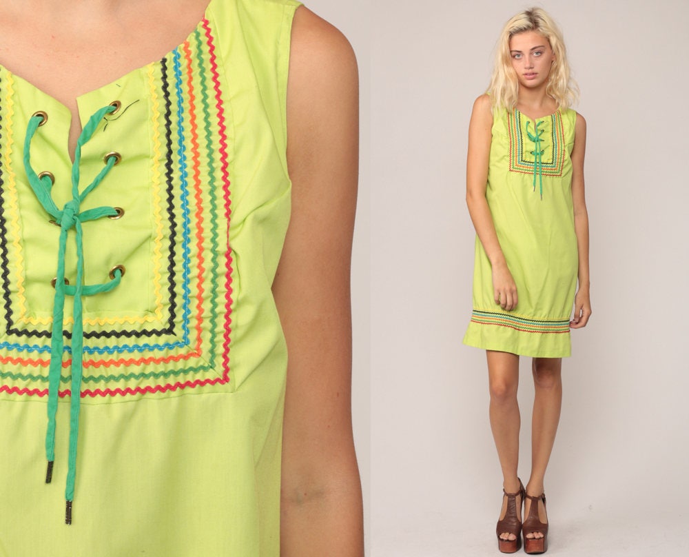 60s Lime Green Shift Mini Dress Lace-Up Corset Neckline Sleeveless Medium